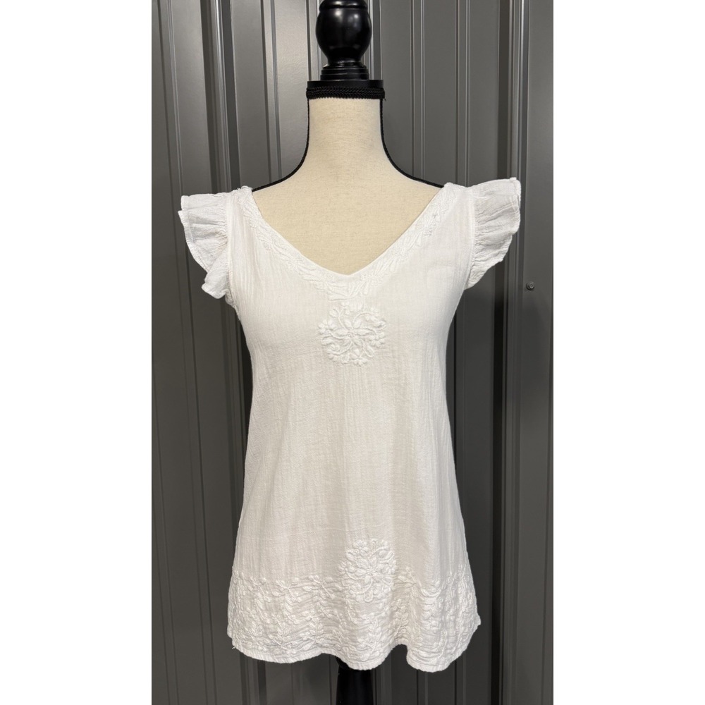 Guaze Crochet Blouse Top Crisscross Back Flutter Sleeve Peasant Cottage Boho